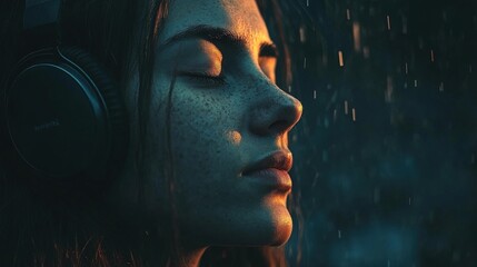 A Serene Moment of Listening to Music in the Rain with Soft Lighting