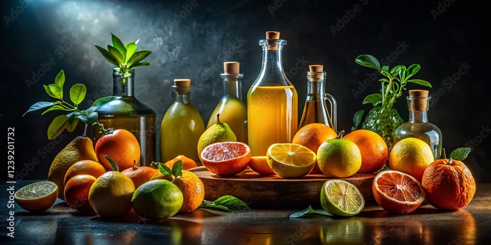 Wall mural Silhouette Citrus Still Life: Dramatic Backlit Bottles & Fruit