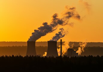 Industrial power plant silhouetted against a warm sunrise sky emitting smoke