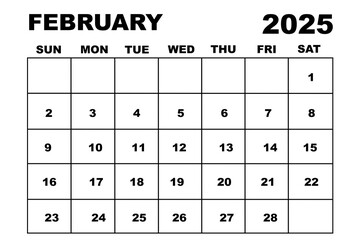 February month 2025 calendar black and white transparent background