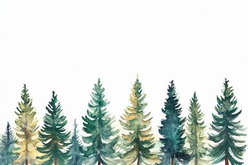 Obraz premium Elegant watercolor fir tree forest design for holiday celebrations and seasonal decorations on a pristine white backdrop suitable for various festive projects and marketing materials