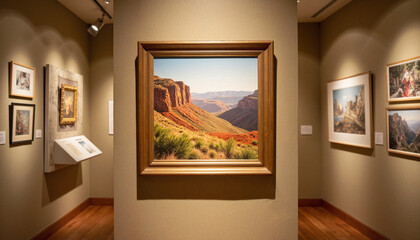 Scenic desert landscape in museum gallery, art appreciation