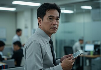 Fototapeta premium Asian businessman thoughtfully holding tablet in modern office with focused expression