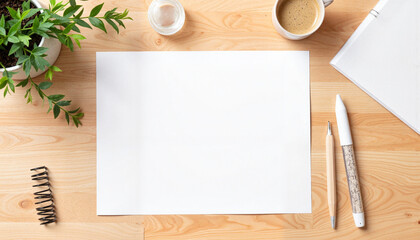Open paper sheet on wooden desk with coffee and plants, minimalist workspace