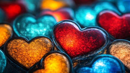 Fototapeta premium Close Up of Sparkling Red Orange Yellow and Blue Glitter Hearts
