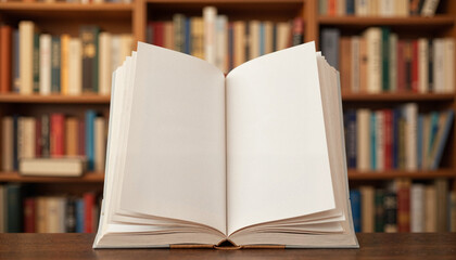 Fototapeta premium Open paper sheet on bookshelf in library, creativity and inspiration