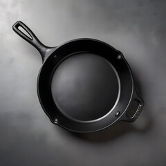 Cast iron skillet with a seasoned black surface, a sturdy handle, and subtle light reflections emphasizing the rough texture