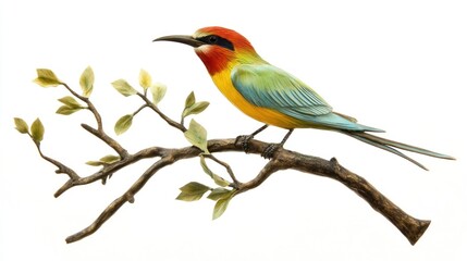 Fototapeta premium Colorful bird perched on branch, white background, nature artwork, ideal for illustration