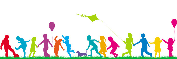 Colorful silhouettes of children playing in a park.eps