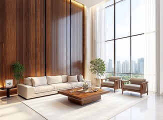 Modern living room with wood wall, city view.