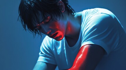 Young man with wet hair in dramatic blue and red lighting