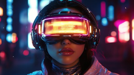 Futuristic young woman in neon cityscape wearing virtual reality headset at night
