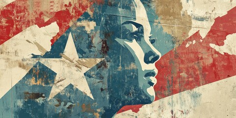 Naklejka premium Patriotic Woman Profile Against Distressed Flag Background