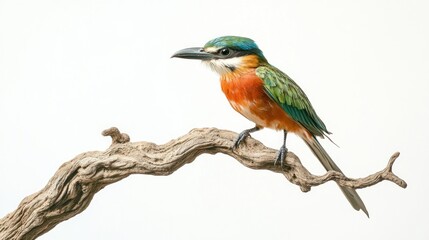 Obraz premium Colorful bird perched on branch, white background, nature photography, wildlife illustration