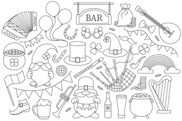 vector set of St. Patrick's Day, black and white linear icons, Irish folk musical instruments, festive flags, garlands, leprechauns, clover leaves, good luck symbols