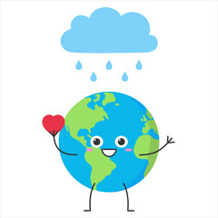 Earth cute character cartoon planet like rain heart funny happy smile vector illustration.vector illustration.