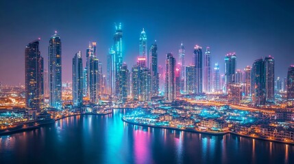 Fototapeta premium A breathtaking night aerial view of a city skyline, where skyscrapers glow with vibrant, colorful lights