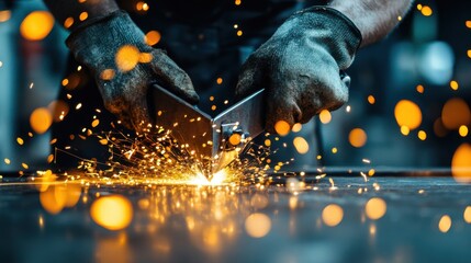 Worker cutting metal with angle grinder, creating sparks in industrial workshop setting