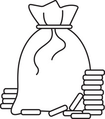 St. Patrick's Day, a full bag of gold coins, black and white vector linear icon isolated on a white transparent background