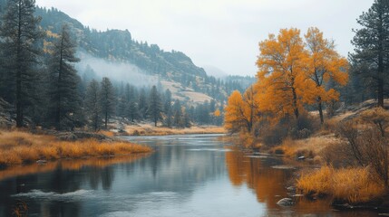 Fototapeta premium Serene autumn landscape with river, pine trees, and orange foliage in mountain setting