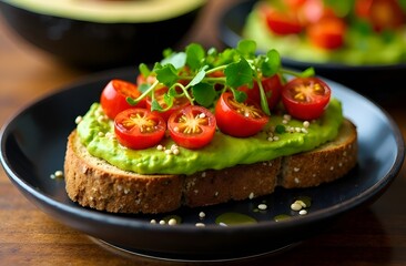 Toast bruschetta with avocado, tomato cherry and fresh basil, microgreens on dark plate