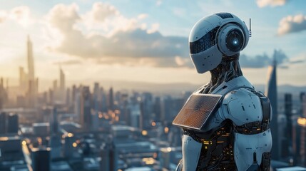 Futuristic robot overlooking cityscape at sunset with high-tech detailing and advanced design