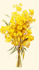 Fototapeta premium Botanical view of mimosa blossoms, featuring soft yellow flowers against fresh green foliage, detailed with natural sunlight enhancing their radiant and airy appearance
