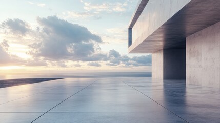 Obraz premium A conceptual 3D-rendered exterior with a concrete floor and a futuristic abstract wall, evoking a sleek, modern aesthetic