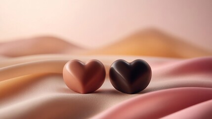 Fototapeta premium Two Chocolate Hearts on Pink Silk Fabric