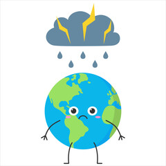 Fototapeta premium Earth cute character cartoon planet sad face emotion thunderstorm rain vector illustration.