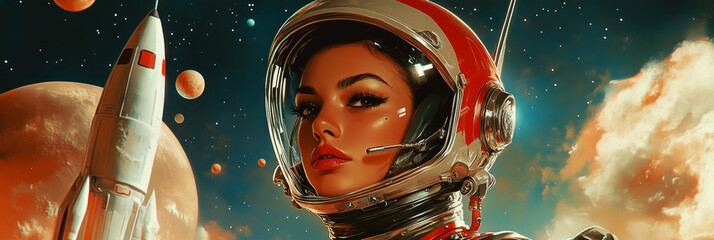 A heroic woman in a futuristic space suit stands proudly beside a spaceship, embodying strength and courage against a cosmic backdrop of stars and planets in this empowering pin-up banner