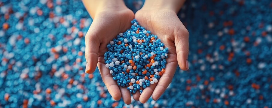 Hands holding blue and multicolor plastic granules