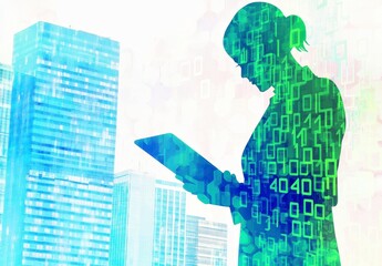 Obraz premium Businesswoman Silhouette with Digital Background in Urban Setting