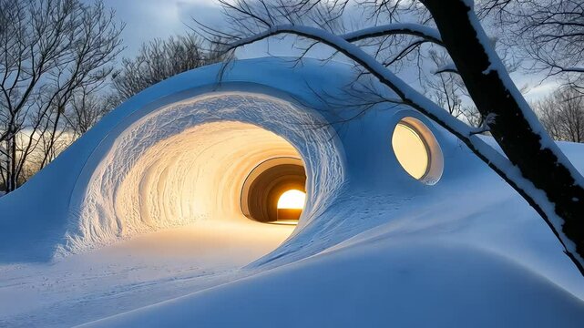 Warm light illuminating the entrance of a modern igloo built in a snowy landscape at dusk, creating a cozy and futuristic atmosphere video 4k