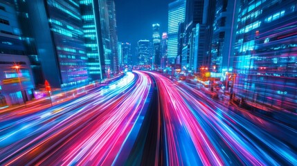 A cyberpunk-inspired cityscape rendered in 3D, where neon blue and pink light trails streak through a futuristic downtown at night