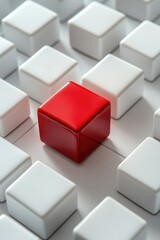 A red cube is placed among white cubes, conveying the power of nonconformity and innovation. Competition concept.