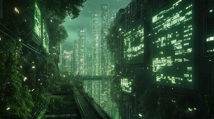 Futuristic cityscape with neon lights and vegetation in a cyberpunk setting at night