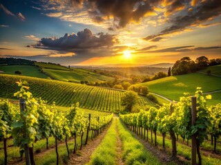 Fototapeta premium Silhouette of Vines at Sunset, Spring Vineyard Landscape