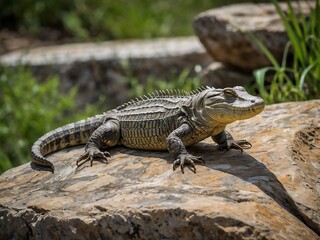 Obraz premium Close Up of Texas Alligator Lizard Sunbathing on Rock in Natural Habitat