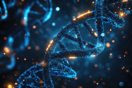 3d rotating DNA chains in a glowing network background. Genetic research and biotechnology innovations. Artificial intelligence and medical tech science concept.