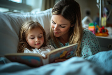 A mother gently reads a storybook to her smiling child in a hospital room, creating a serene and nurturing atmosphere with soft lighting and comforting details