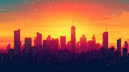 Stunning city skyline at sunset with vibrant orange and yellow sky