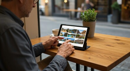 Man Browsing Tablet: A focused man, immersed in browsing on a tablet, sits at a wooden table near a window in a cozy cafe setting