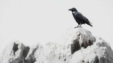 Crow perched atop rocky peak, misty mountainscape