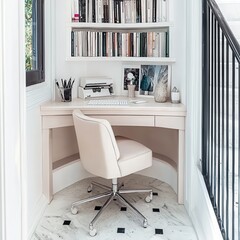Fototapeta premium Small elegant home office with bookshelves and natural light