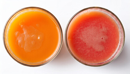 sparkling orange carrot and grapefruit juices remoted on white from above