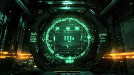 A futuristic heads-up display featuring encrypted numbers, telemetry, and a data matrix, set in a cyber-themed abstract environment