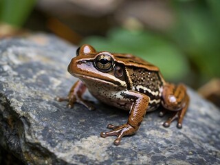 Obraz premium Playful Green and Brown Frog Close-Up in Freshwater Pond Habitat