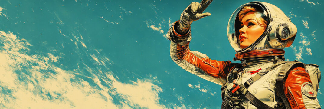 A stylish, retro-inspired poster shows a woman astronaut in a vintage space suit giving a salute in space, with bold colors and Earth in the background, banner