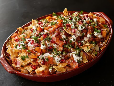 A vibrant glowing platter of chaat, featuring aloo tikki, dahi puri, and papdi chaat, all garnished with yogurt, chutneys, and pomegranate seeds. The colorful toppings create an eye-catching 